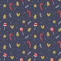 Christmas and New Year seamless pattern with candys, snowflakes and gingerbreads. Royalty Free Stock Photo